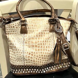 Madi Claire Brown and Cream Croc-Embossed Crystal studded Handbag